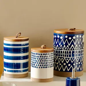 Tarro de almacenamiento de cerámica para café y azúcar pintado a mano de alta calidad, botes de cocina con tapa de bambú para almacenamiento de alimentos