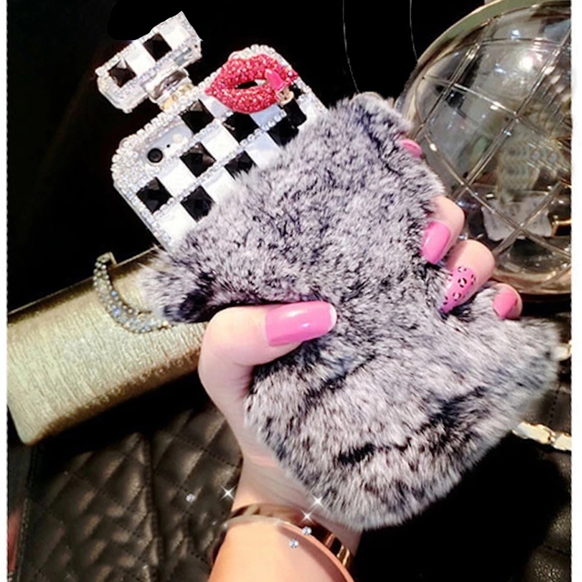 Luxury Imbedding Diamond Rhinestone Perfume Bottle Cell Phone Case With Warm Soft Beaver Rabbit Fur Hair Phone Cases for iphone