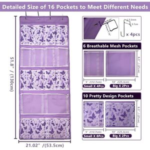 Organisateur de rangement suspendu au-dessus de la porte, 16 poches, motif papillon violet, tissu en nylon pour l'organisation des placards et des armoires - Product Image 3