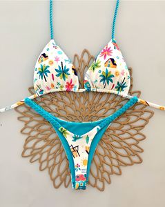 Two Colors Print Braided Women's Swimwear Double Lined Fabric <b>Seamless</b> <b>Thong</b> Bikini - Product Image 6