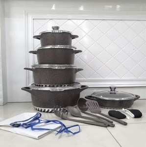 Série Gourmet – Batterie de cuisine 17 pièces avec revêtement granit, comprenant une casserole peu profonde de 28 cm, des casseroles de 20, 24, 28, 32 cm, des ustensiles et un tablier – Lot en gros - Product Image 1