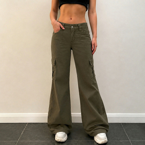 Women Low Waist Cargo Flare Pants Multi Pocket Wide Leg Trousers Casual Streetwear Slim Fit <b>Stretch</b> Bell Bottom Pants - Product Image 1