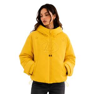 Blouson mat jaune matelassé à capuche pour femme avec motif gaufré, manteau court d'hiver isolé, vêtement d'extérieur à cordon de serrage réglable - Product Image 1