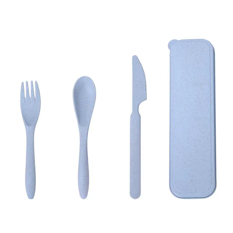 القمح القش المحمولة أدوات المائدة مربع البلاستيك شوكة وسكينة ملعقة طالب السفر ثلاثة قطعة مجموعة