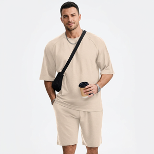 Conjunto de 2 Piezas Unisex de Shorts de Punto Sólido, Cuello Redondo, Manga Corta, Corte Holgado, Transpirable, Ropa Casual de Primavera/Verano, Largo por Encima de la Rodilla - Product Image 4