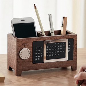 Portalápices de escritorio, caja de almacenamiento de mesa multifuncional con 2 compartimentos, organizador de escritorio de madera creativo con calendario - Product Image 1