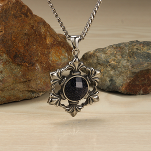 Collier pendentif rétro en acier inoxydable. Pierre précieuse noire avec pendentif en diamant. Cadeau de Noël idéal. Production OEM - Product Image 4