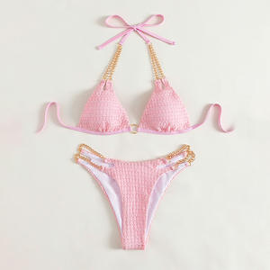 2024 traje de baño de una pieza de color rosa sólido de lujo para mujer, Bikini Sexy con cuello Halter, ropa de playa con diseño hueco de cadena, traje de baño - Product Image 5