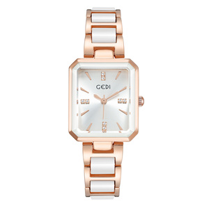 Womens Rose Gold Square Watch <b>White</b> Ceramic Bracelet Crystal <b>Markers</b> Sunburst Dial Quartz Wristwatch - Product Image 3