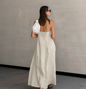 Holiday Summer Beach Cotton Linen Casual Strapless Loose Off Shoulder Long <strong>Dress</strong> Women <strong>With</strong> <strong>Pockets</strong> - Product Image 2