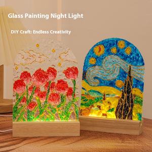 Hecho a mano DIY pintura al óleo vidrio luz nocturna fuente de luz LED enchufable potencia pintada a mano agua ondulación hoja acrílica para festivales - Product Image 1