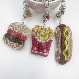 Crystal Bling Diamond Rhinestone Cute Simulation Realistic Food Theme French Fries Hamburger Hot Dog Keychain With Tassel Bells