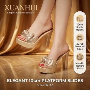 Xuanhui <strong>Sparkly</strong> Gold Wedding Shoes for Bride 10cm Platform Slides with Bow Metallic Finish Evening Party Mules Elegant <strong>Heels</strong> - Product Image 1
