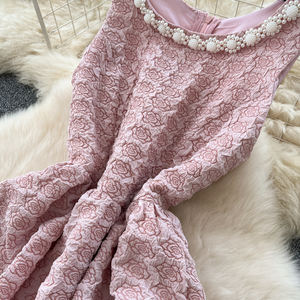 Abito da ballo vintage di lusso con perline, scollo rotondo, senza maniche, con corsetto jacquard floreale in vita, elegante abito da sera estivo - Product Image 4