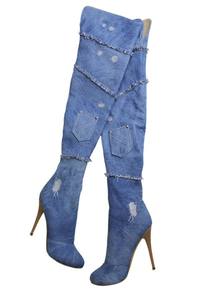 נשים מעל הברך ג 'ינס מגפי שמנמן עקבים פתוח הבוהן ינס כריש מגפי עם מנעול פלטפורמת עקבים פיפ טו ירך גבוה ג' ינס מגפיים - Product Image 2