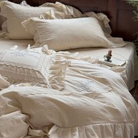 Parure de lit en coton et lin naturel, bords en feuille de lotus, broderie 3D, draps doux, housse de couette, literie de luxe, vente en gros