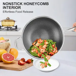 High Quality 304 Nonstick Frying Pan 34CM Stainless Steel Honeycomb Wok Pan