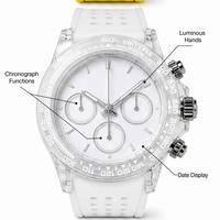 Jam Tangan Kronograf Dial Kaca Mewah Logo Kustom Langsung dari Pabrik, Dial Putih Tali Karet, Pria Sport Quartz