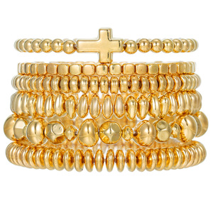 Cross Beaded Stackable <b>Bracelet</b> Set Gold Silver Elastic <b>Rope</b> Jewelry For Women Gift Geometric Design Zinc Alloy Fashion - Product Image 5