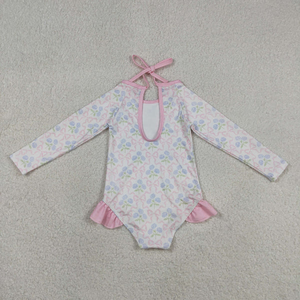 Maillot de bain rose à volants et nœuds pour bébés filles, manches longues, motif floral, vêtements d'été pour tout-petits, en stock - Product Image 2
