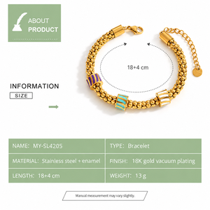 Bracelet en acier inoxydable émaillé pour femme, chaîne texturée dorée avec perles cylindriques rayées colorées, réglable 18+4 cm - Product Image 2