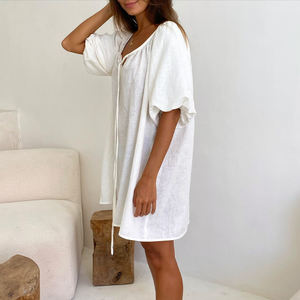 QINSI bianco abiti da notte Casual per donna cotone con scollo a V nastro maniche corte Mini camicia da notte traspirante camicia da notte Sexy da donna - Product Image 3