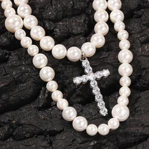 Shell Pearl Beaded Chain <strong>Long</strong> <strong>Necklace</strong> Hanging Iced Out Stainless Steel Cross Charms Rapper Jewelries - Product Image 3