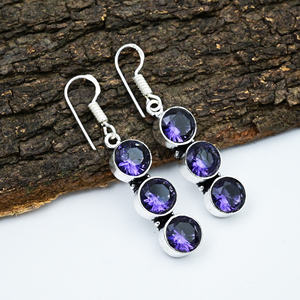 Boucles d'oreilles naturelles faites à la main améthyste impériale pierre précieuse boucle d'oreille Double pierre balancent ethnique boucle d'oreille 925 argent plaqué bijoux MGLOT - Product Image 3