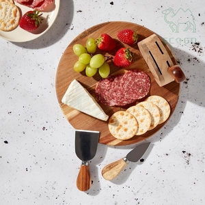Plateau de service rond de luxe en bois d'acacia pour charcuterie, apéritifs, desserts, plateau à fromage en bois avec ensemble de couteaux - Product Image 3