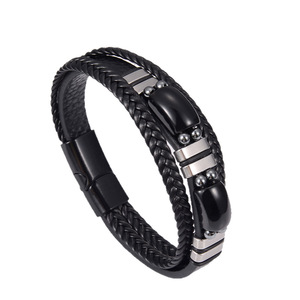 Obsidian <b>Leather</b> <b>Bracelet</b> 7.5 8.5 9 Inches Stainless Steel Magnetic Clasp Men's Jewelry Gift - Product Image 4