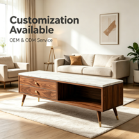 Console multimédia minimaliste personnalisée en MDF avec deux tiroirs, étagère ouverte, pieds coniques et poignées dorées – Idéale pour appartement