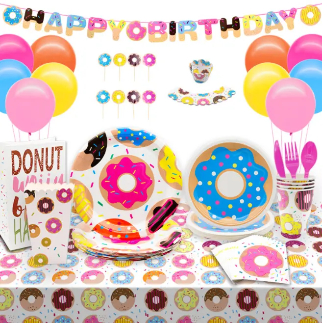 Doughnut Theme Birthday Party Supplies Disposable Tableware set Paper dishes Napkin Cups Cutlery Banner Balloon tablecloth Decor