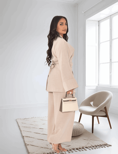 LE DUO Women's Wrap V-neck <b>Bell</b> Sleeve Long Sleeve Top with High Waisted Wide Leg Pants Two-Piece <b>Outfit</b> - Product Image 2