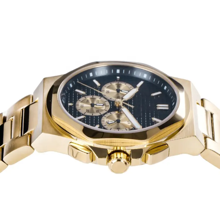 Relógio multifuncional ultra-fino com movimento de quartzo importado à prova d'água dourado