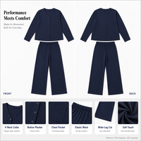 Offre de Luxe en Stock Local Perth – Ensemble de Sommeil Non Toxique pour Femme, Col en V, Boutonné, Bleu Marine – SYD MEL BNE Australie – Vente en Gros