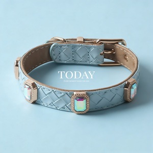 Luxury Dog Collar <b>Light</b> Blue Woven Leather Rhinestone Small Pets All Seasons - Product Image 1