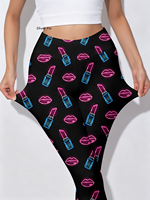 Leggings de yoga taille haute pour femmes, imprimé rouge à lèvres et baiser néon, coupe ajustée, pantalon de sport graphique tendance