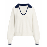 Pull-over en tricot pour femme 100 % coton, col en V ouvert, bordure contrastante, poignets rayés, style preppy, 12GG, avec logo personnalisé, vente en gros