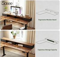 Agilestic 63 pouces en forme de L bureau debout électrique brun rustique ergonomique réglable en hauteur 2 tiroirs 2 supports ordinateur bureau