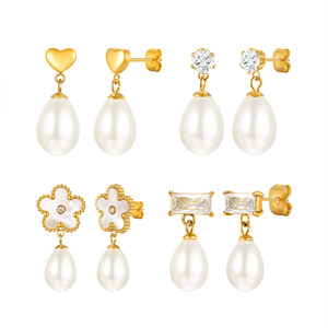 Juego de Pendientes de Perlas con Baño de Oro PVD de 18K de Lujo |   Diseños de Corazón, Zirconia, Flor y Baguette |   Joyería Hipoalergénica de Acero Inoxidable - Product Image 2