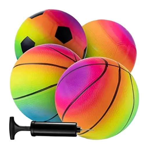 4 Pack Rainbow Sports Balls Set 6 Inch Inflatable Vinyl Balls
