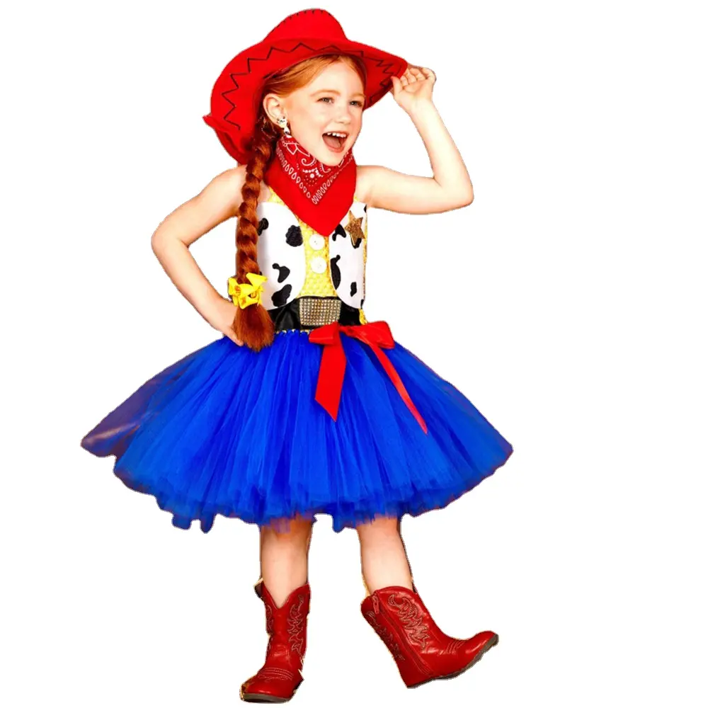 Fantasia de cowgirl para meninas, vestido de cowgirl para meninas; jessie tutu; traje de luxo para festa de halloween; princesa vestido com chapéu vermelho cowboy