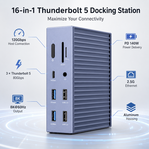 Base de Conexión Thunderbolt 5 16 en 1, 120 Gbps, TBT5, USB4, Pantalla 8K, 140 W PD, Ethernet 2.5G, Hub <span class=keywords><strong>USB</strong></span> C para Computadora Portátil y Estación de Trabajo - Product Image 1