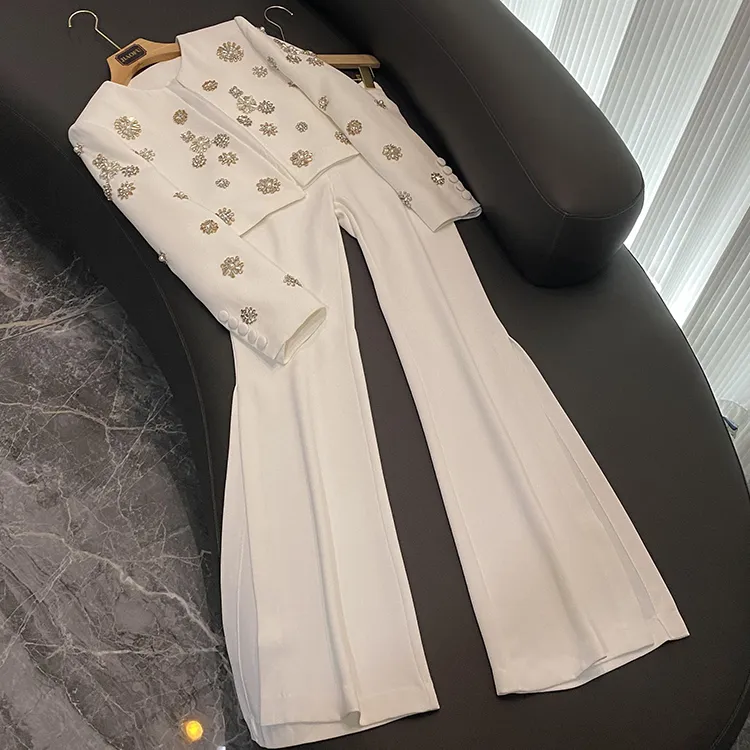 Luxury Fine Workmanship Beads Rhinestone Lady Suit Short Length Coat Slit Wide Leg Pants Women 2Pcs White