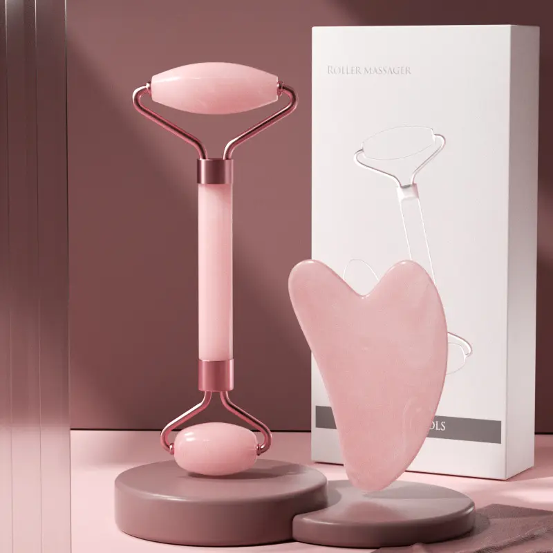 Gmagic - Massageador facial de alta qualidade, conjunto de quartzo rosa Gua Sha, rolo de jade rosa com caixa, ferramenta de massagem para pescoço, massagem facial de alta qualidade