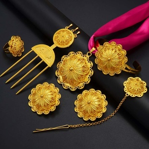 Set Etnico Etiopico Eritreo da Sposa: Collana, <span class=keywords><strong>Orecchini</strong></span>, Anello, Catena per la Fronte e Bracciale in Lega per Matrimoni e Fidanzamenti # 314206 - Product Image 1