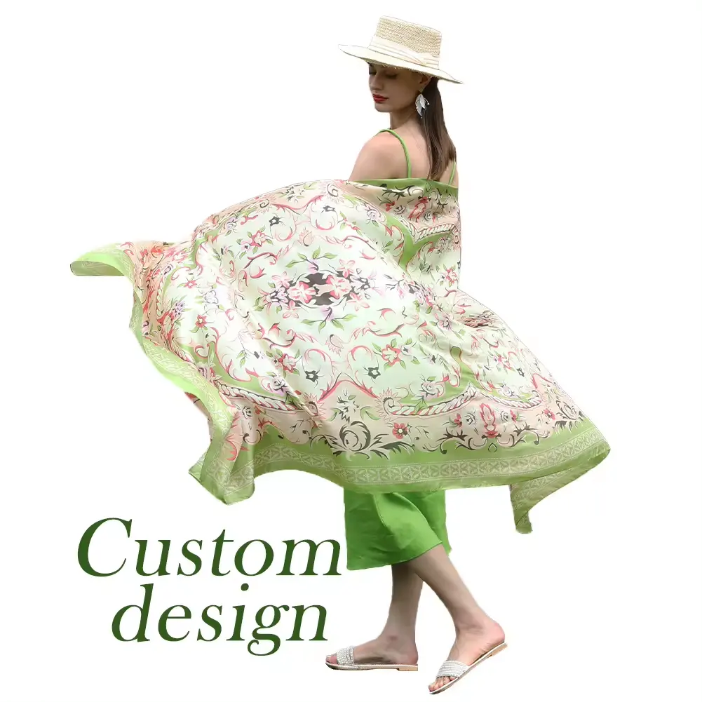 Foulard personnalisé fabricant logo design imprimé châle georgette crêpe grande taille foulard en mousseline de soie vert olive pour femmes