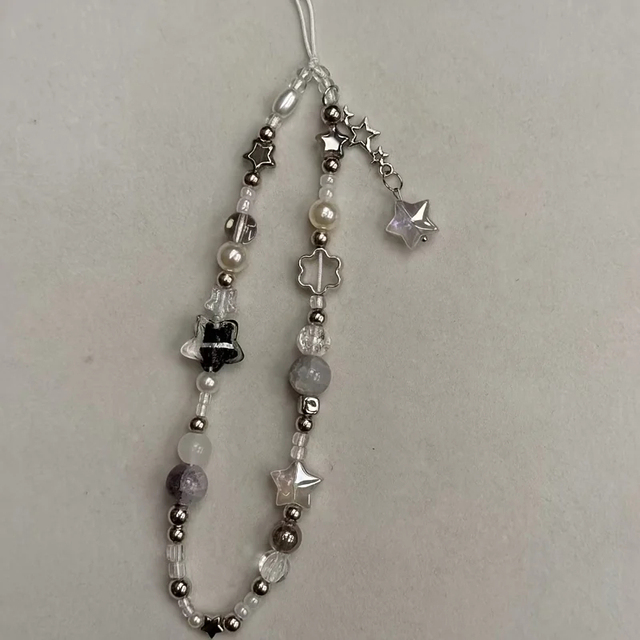 Fashion Silver Star Pearl Beaded Beaded Pendant Phone Strap Charm for iPhone Samsung Universal Accessories Chain Lanyard Gift