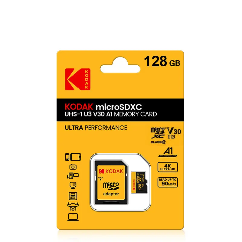 Telefon için KODAK hafıza kartı dayanıklı 128gb SD kart C10 A1 TF Flash kartlar