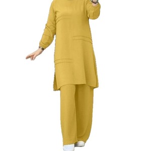 Elegant Muslim <strong>Women's</strong> Solid Wool Tunic Pants Set Long Sleeve Top Side Slit Hem Loose Fit <strong>Trousers</strong> Modest Casual Suit <strong>Work</strong> Party - Product Image 5